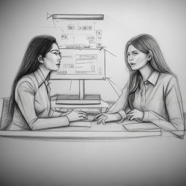 Sketch of two women talking over a computer